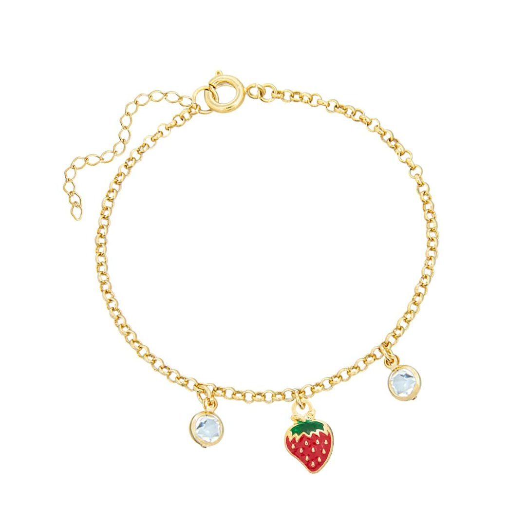 PULSEIRA INFANTIL MORANGUINHO RESINADO COM PEDRAS BANHADO A OURO