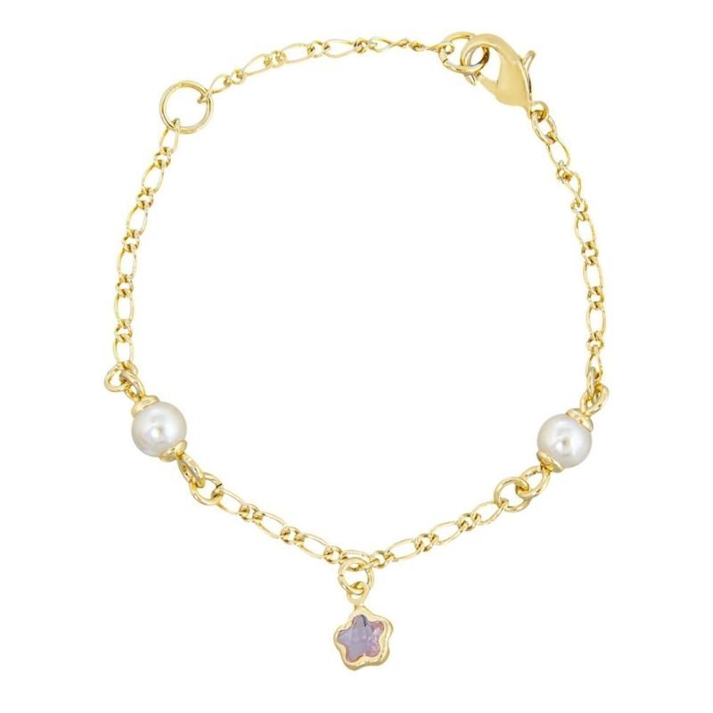 PULSEIRA BEBÊ PÉROLA COM FLORZINHA BANHADO EM OURO