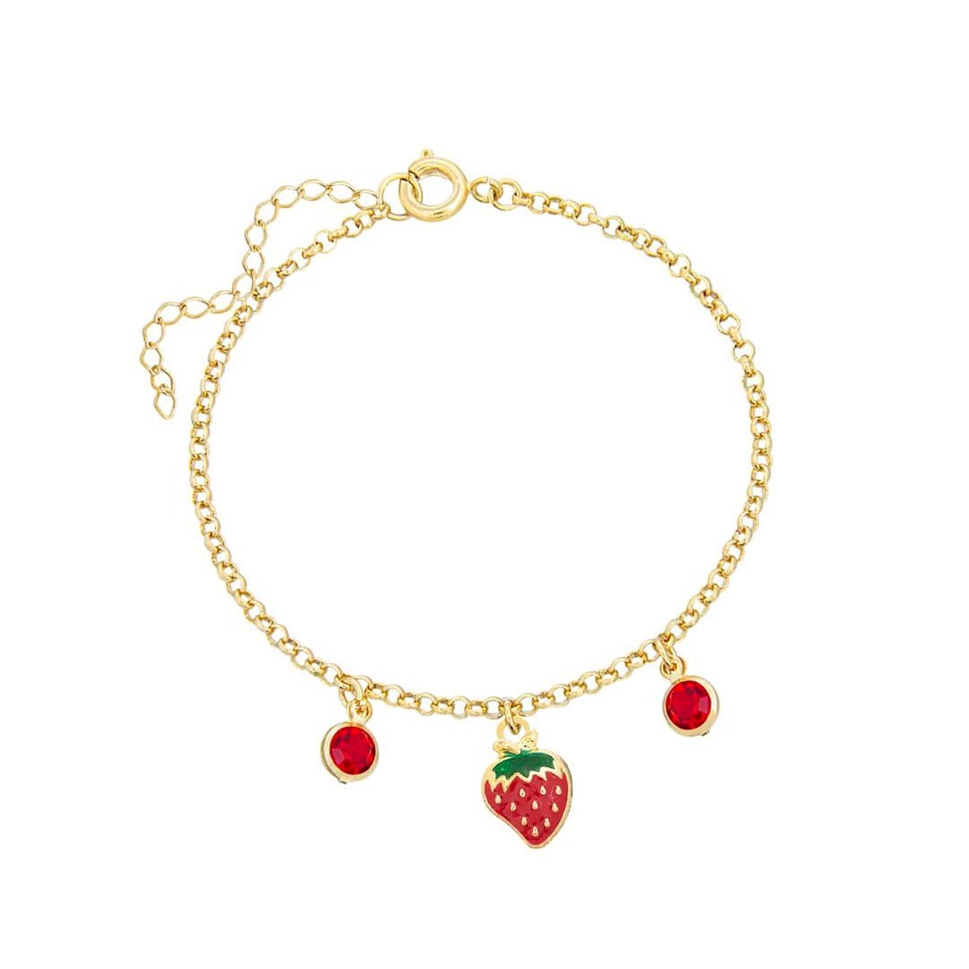 PULSEIRA INFANTIL MORANGUINHO RESINADO COM PEDRAS BANHADO A OURO