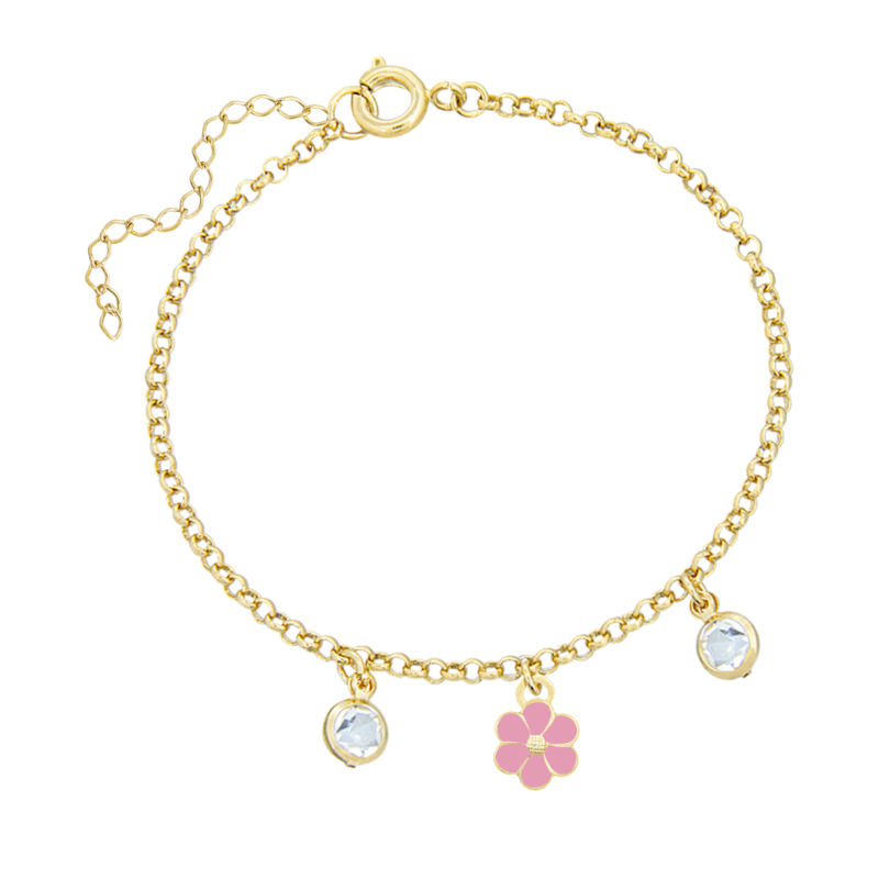 PULSEIRA INFANTIL FLORZINHA ROSA RESINADA BANHADO À OURO