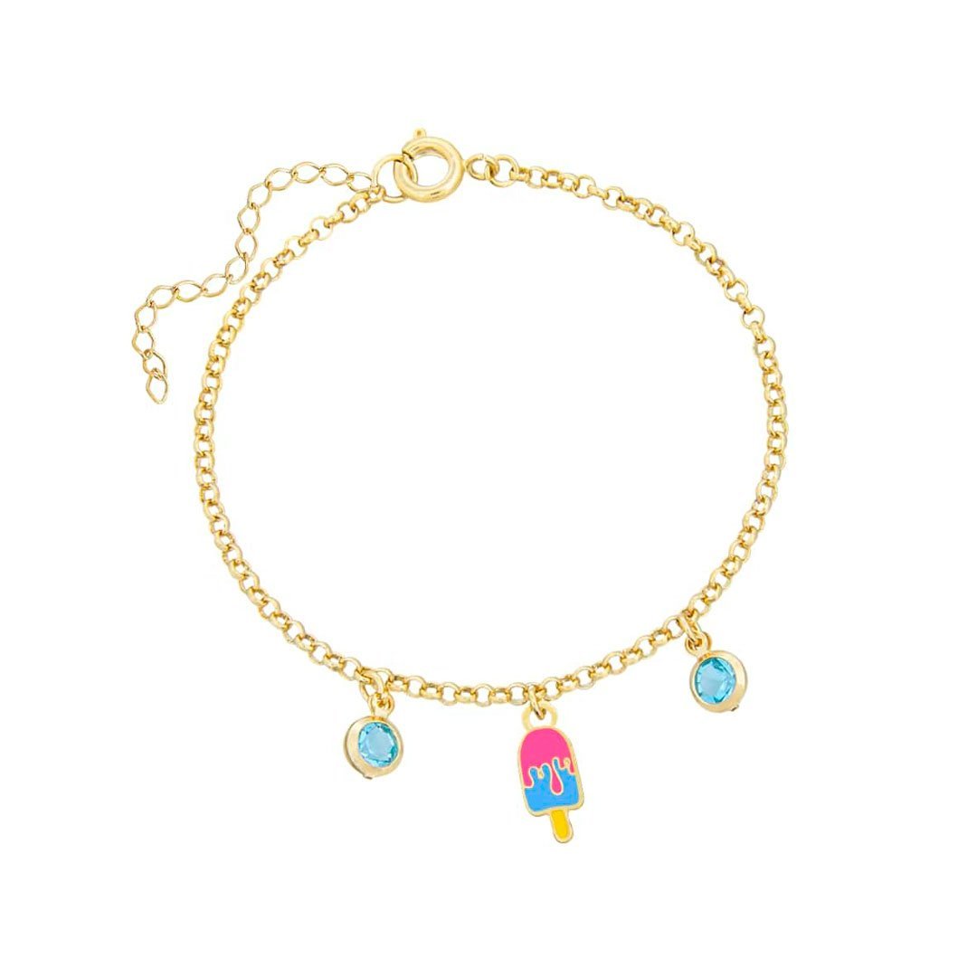 PULSEIRA INFANTIL PICOLÉ COLORIDO RESINADO COM PEDRAS BANHADO A OURO