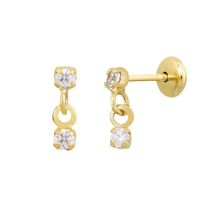 BRINCO BEBÊ DUAS PEDRINHAS CRAVEJADAS BANHADO EM OURO