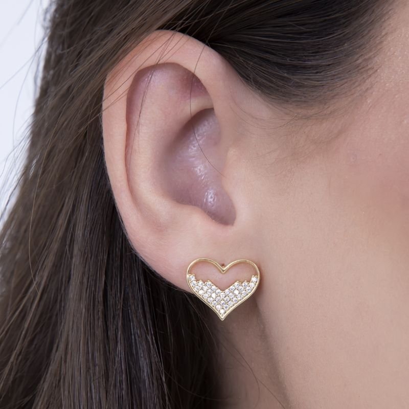 BRINCO E COLAR CORAÇÃO COM MICRO ZIRCONIA BANHADO EM OURO