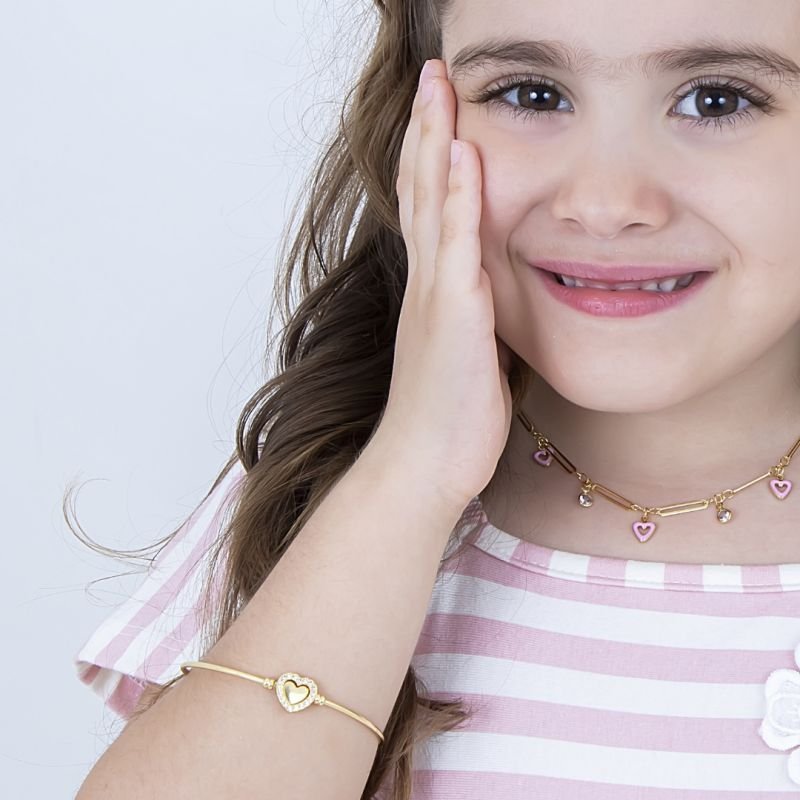 COLAR INFANTIL CORAÇÃO ROSA RESINADO E PEDRA ZIRCONIA BANHADO EM OURO