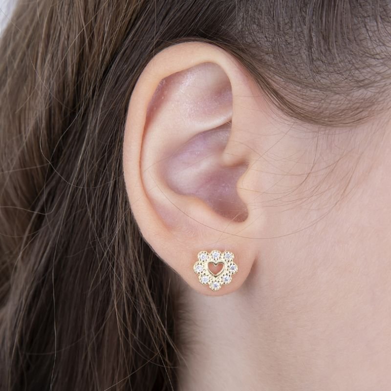 CONJUNTO INFANTIL BRINCO E COLAR CORAÇÃO CRAVEJADO BANHADO A OURO