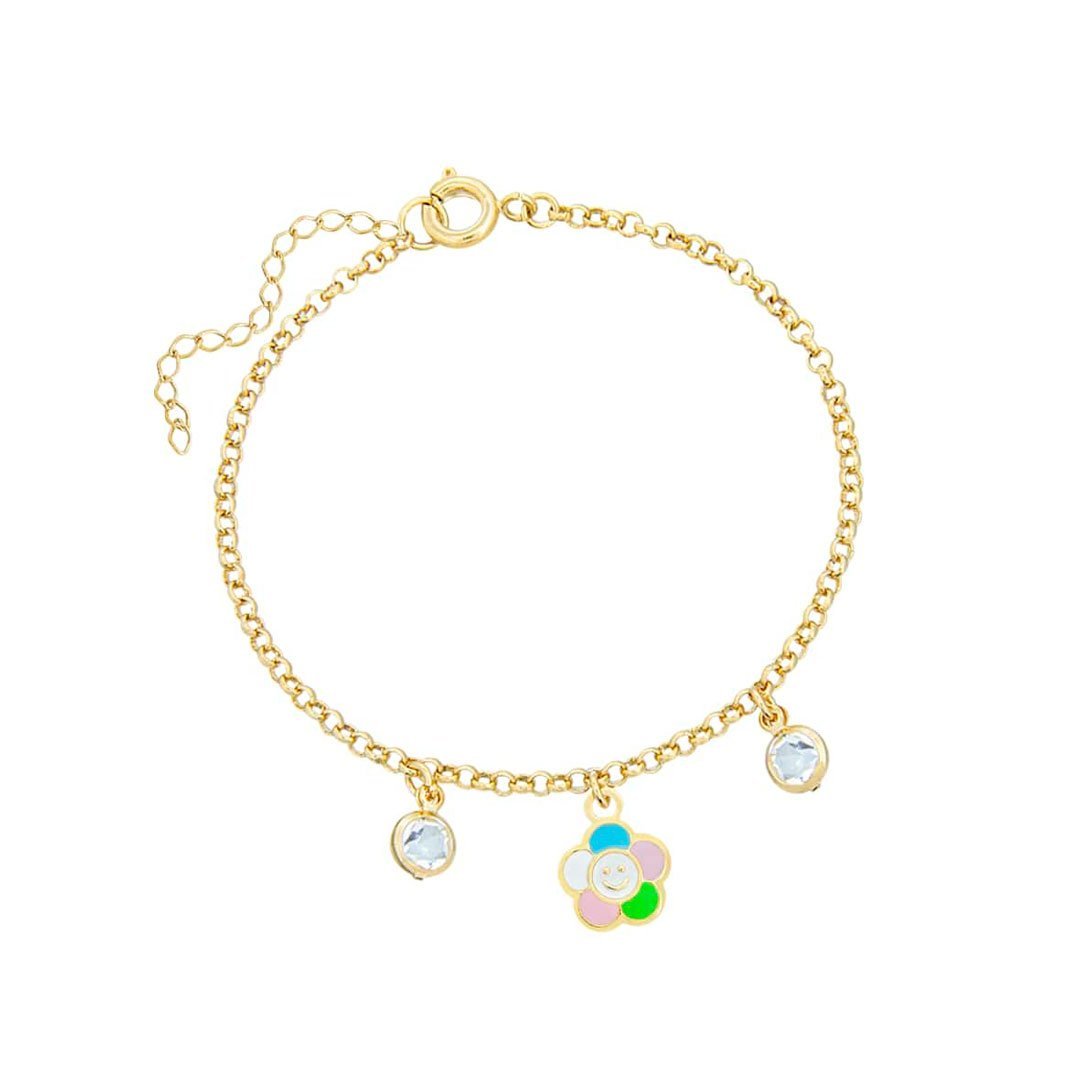 PULSEIRA INFANTIL FLOR FELIZ RESINADA COM PEDRAS BANHADO A OURO