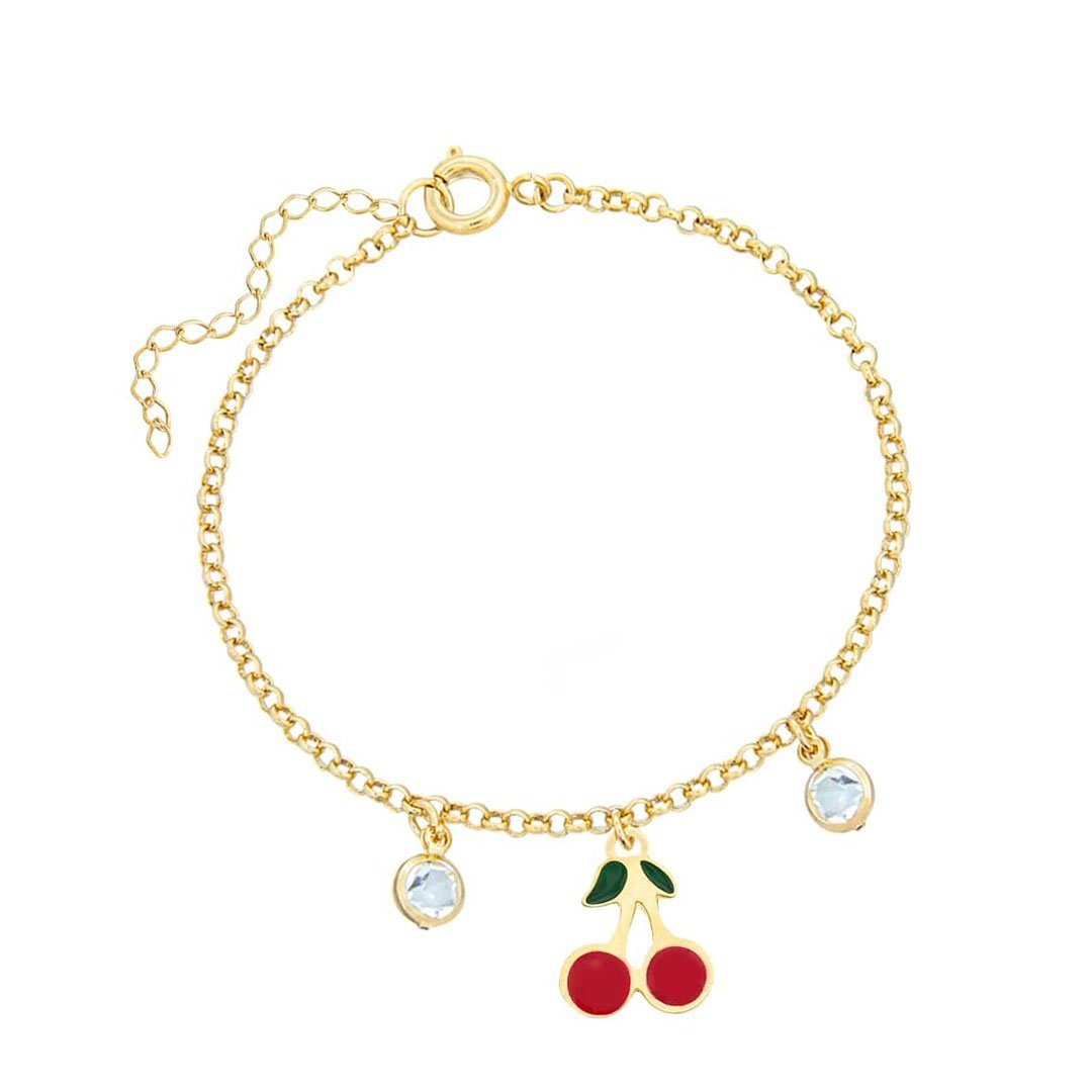 PULSEIRA INFANTIL CEREJINHA RESINADA COM PEDRAS BANHADO A OURO