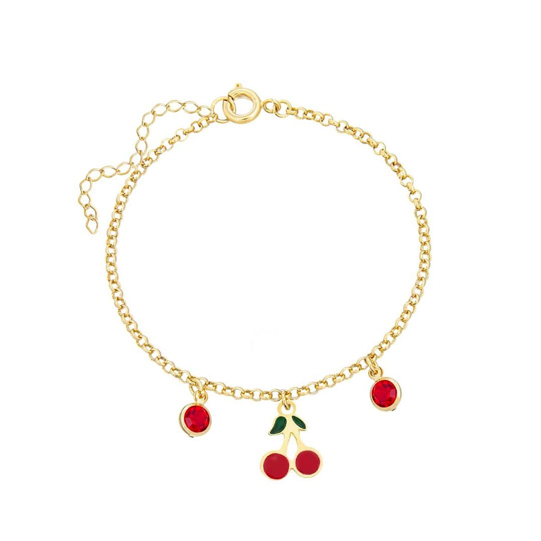 PULSEIRA INFANTIL CEREJINHA RESINADA COM PEDRAS BANHADO A OURO