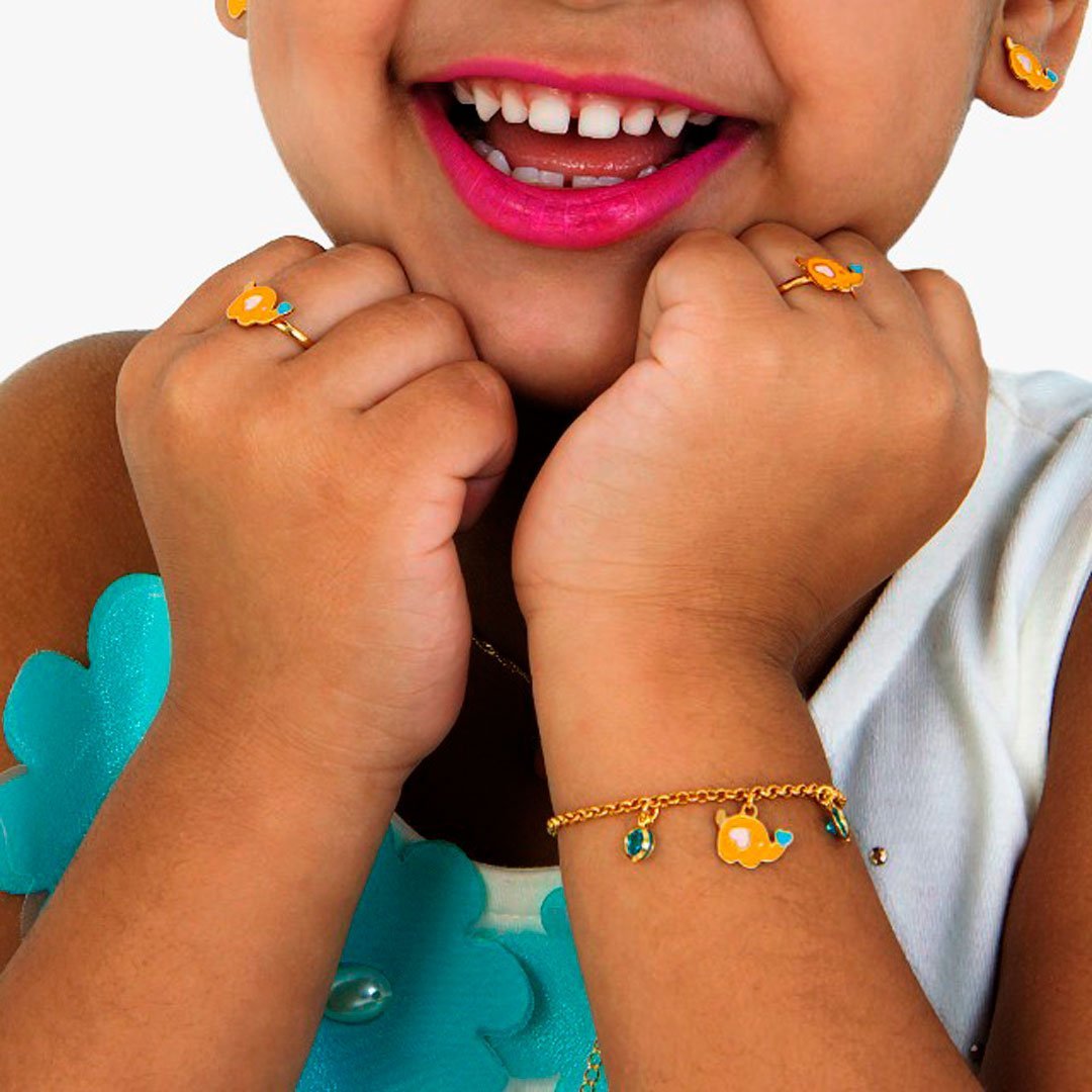 PULSEIRA INFANTIL ELEFANTINHO RESINADO COM PEDRAS BANHADO A OURO