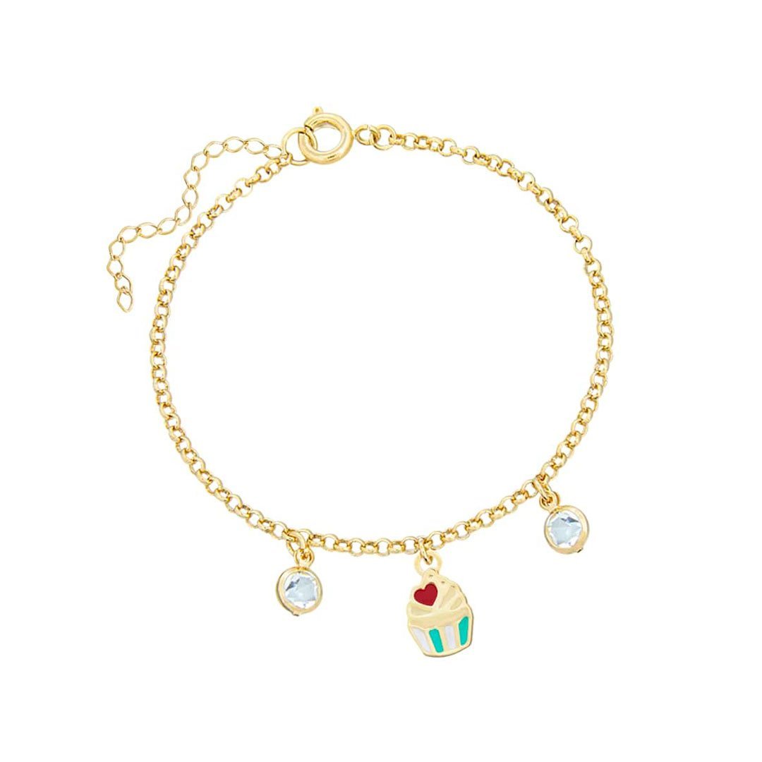 PULSEIRA INFANTIL CUPCAKE RESINADO COM PEDRAS BANHADO A OURO