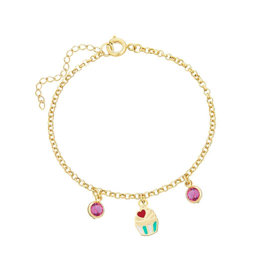 PULSEIRA INFANTIL CUPCAKE RESINADO COM PEDRAS BANHADO A OURO