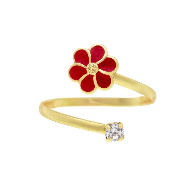 ANEL INFANTIL REGULÁVEL FLORZINHA RESINADA E PONTO DE LUZ BANHADO EM OURO