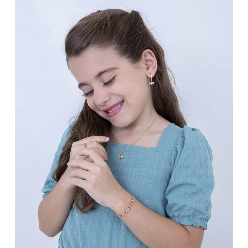 BRINCO INFANTIL ARGOLINHA LIBÉLULA COLORIDA BANHADO EM OURO