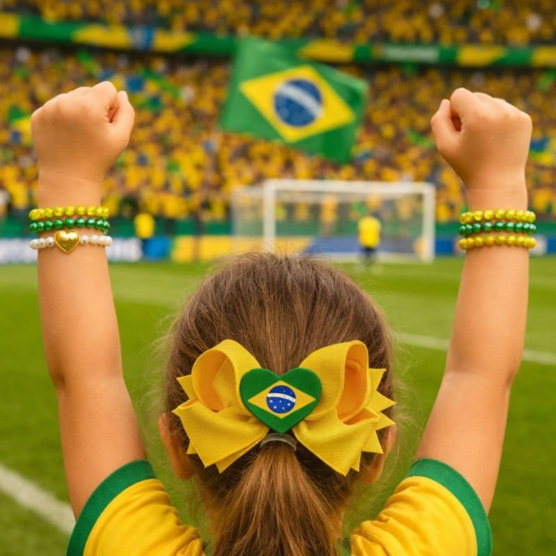 CONJUNTO INFANTIL BRASIL – LAÇO AMARELO COM CORAÇÃO BANDEIRA E PULSEIRAS