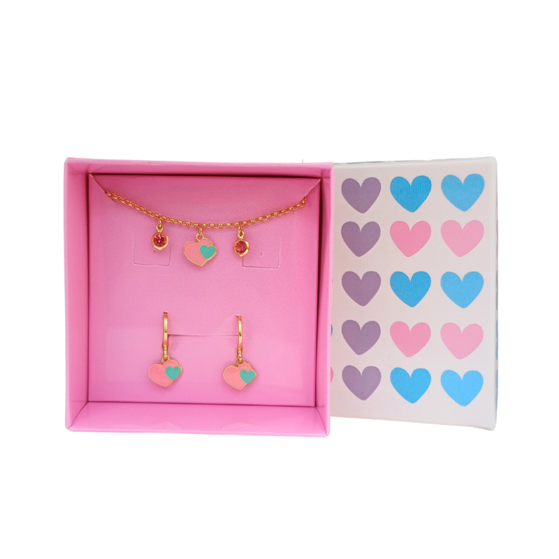 CONJUNTO INFANTIL BRINCO ARGOLINHA E PULSEIRA DOIS CORAÇÕES BANHADO EM OURO