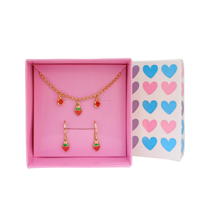 CONJUNTO INFANTIL BRINCO ARGOLINHA E PULSEIRA MORANGO BANHADO EM OURO