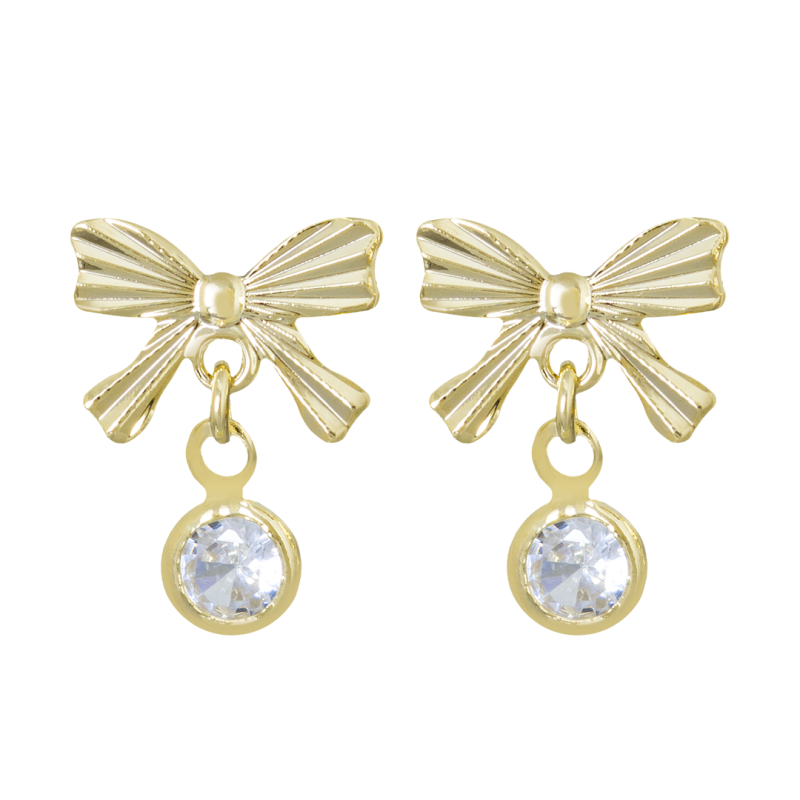 CONJUNTO INFANTIL BRINCO COM PEDRA E COLAR LAÇO DIAMANTADO BANHADO A OURO