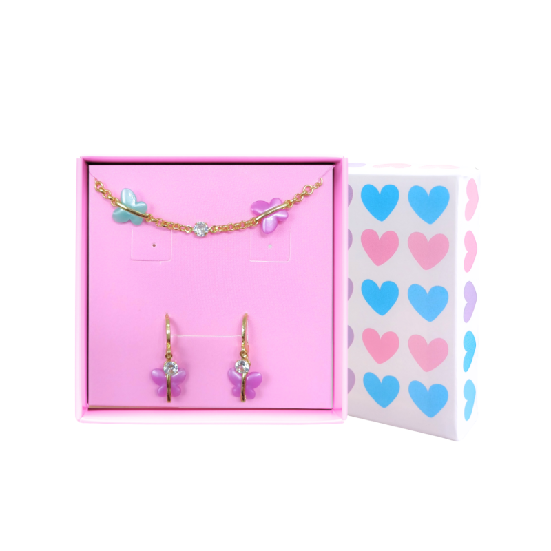 CONJUNTO INFANTIL BRINCO E PULSEIRA BORBOLETA E ZIRCÔNIA BANHADO EM OURO