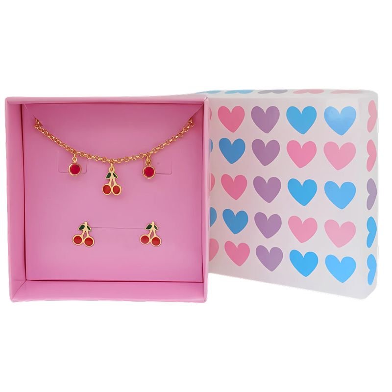 CONJUNTO INFANTIL BRINCO E PULSEIRA CEREJA BANHADO EM OURO