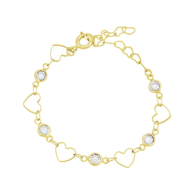 CONJUNTO INFANTIL BRINCO E PULSEIRA CORAÇÃO COM PEDRINHAS BANHADO EM OURO