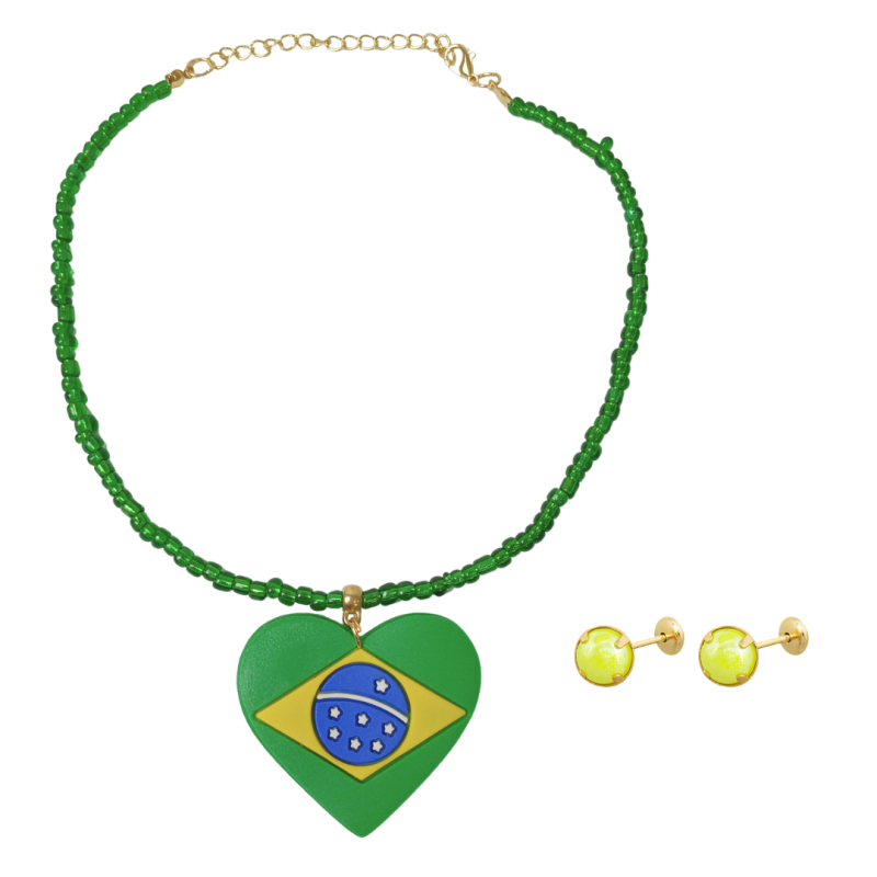 CONJUNTO INFANTIL COPA BRASIL – COLAR COM PINGENTE CORAÇÃO BANDEIRA DO BRASIL E BRINCO
