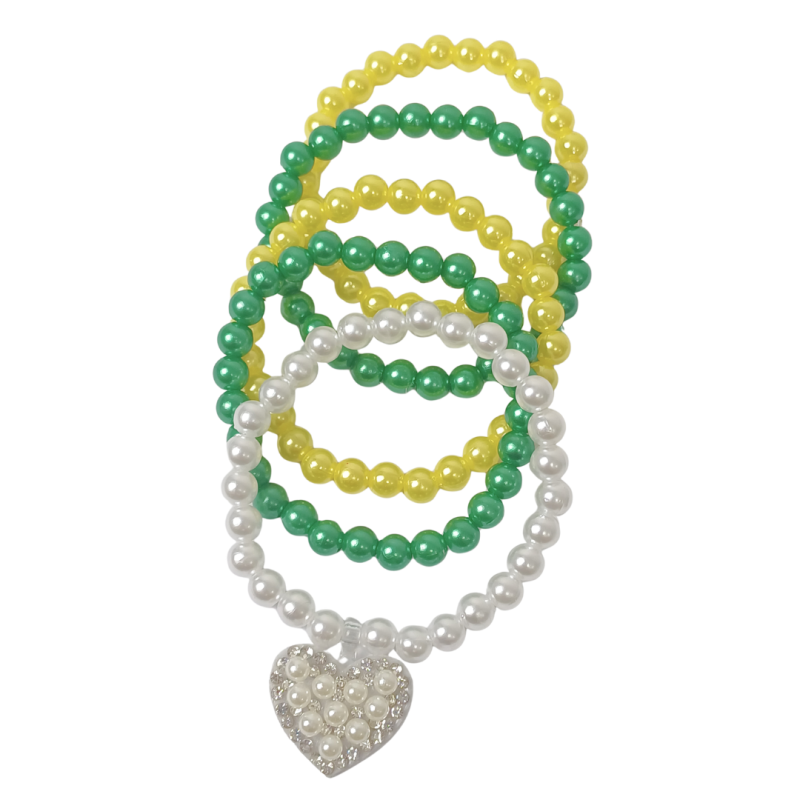 CONJUNTO INFANTIL COPA BRASIL – PRESILHA DE LAÇO BANDEIRA COM PULSEIRAS DE PÉROLAS